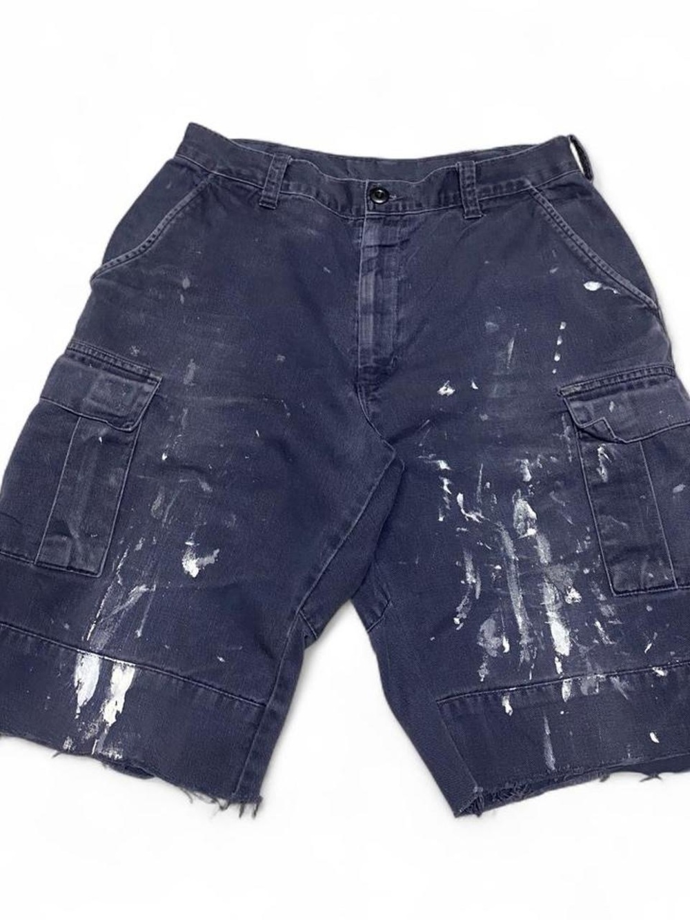 Vintage cargo pocket navy canvas paint splattered shorts